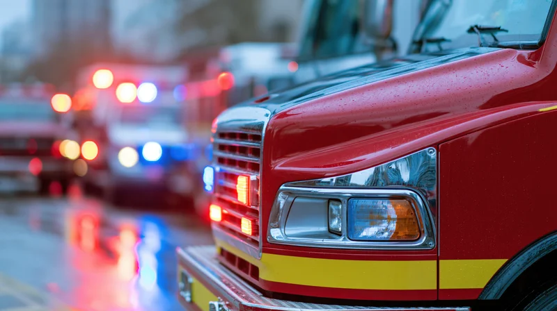 Close-up of red fire truck front cab with flashing emergency lights on wet city street at night
