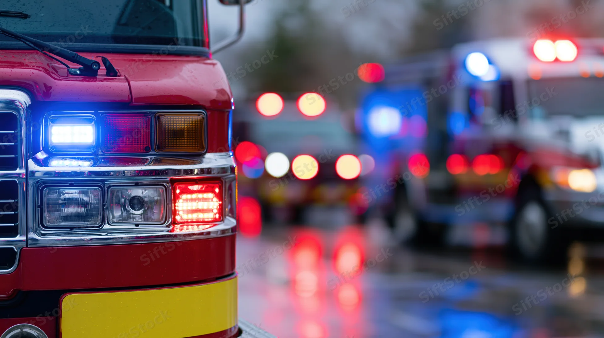 Close-up of red fire truck front cab with flashing emergency lights on wet pavement at night