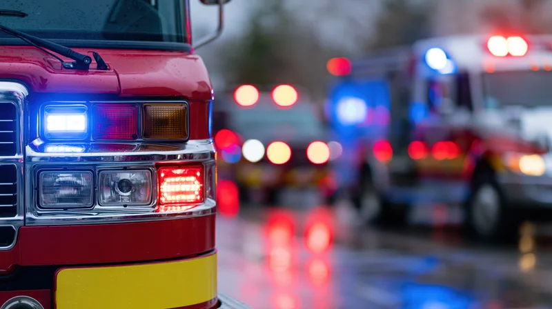 Close-up of red fire truck front cab with flashing emergency lights on wet pavement at night