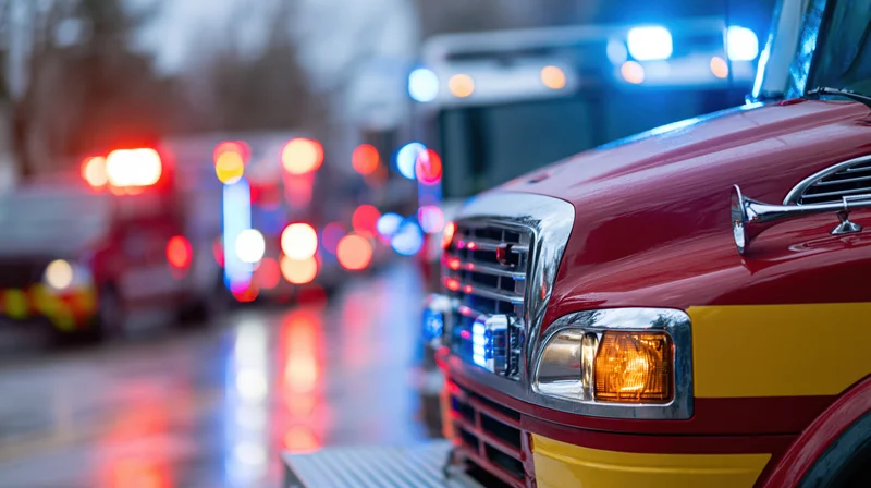 Close-up of red fire truck front cab with flashing emergency lights on wet pavement at night