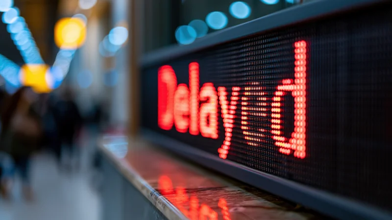 Red led display showing delayed on airport departure board at night
