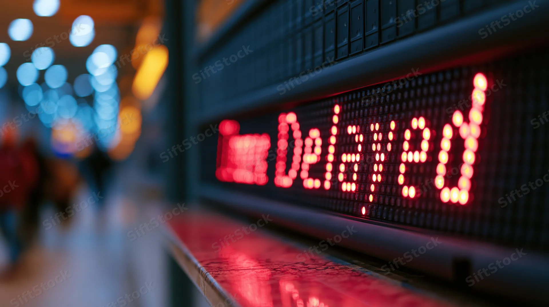 Red led display showing delayed on airport departure board