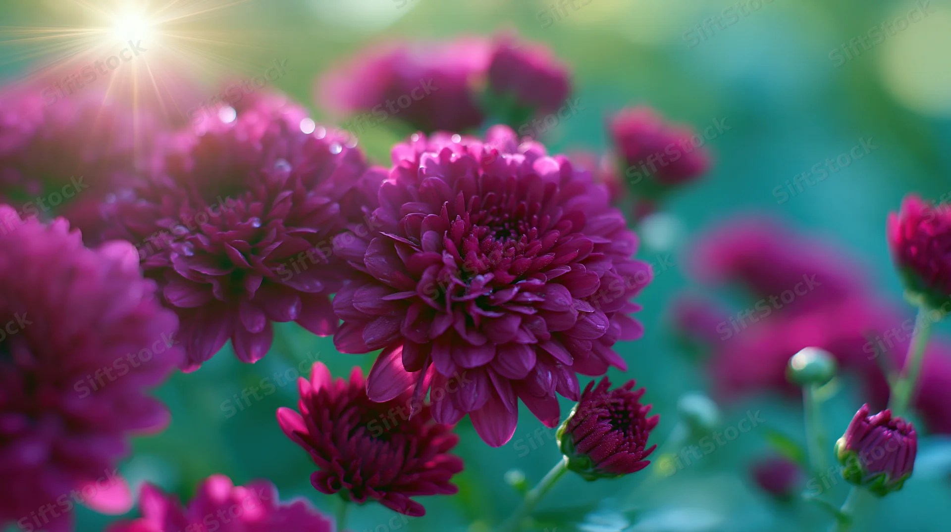 Close-up of deep magenta chrysanthemum blooms and buds in a garden with sunlight and green foliage