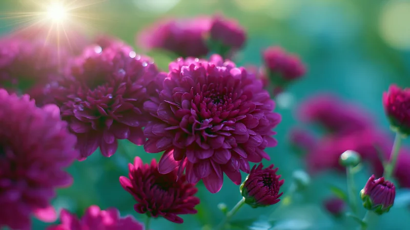 Close-up of deep magenta chrysanthemum blooms and buds in a garden with sunlight and green foliage