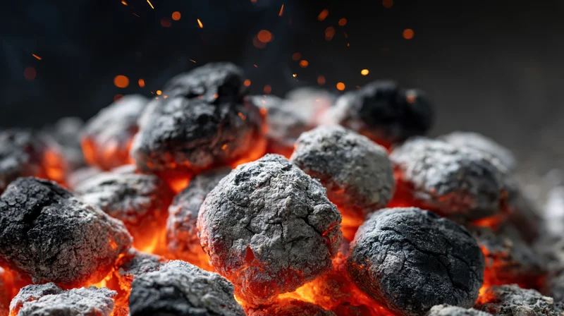 Glowing charcoal briquettes with sparks and embers in a grill pit