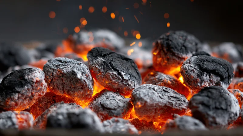 Glowing charcoal briquettes in a grill pit with sparks and embers