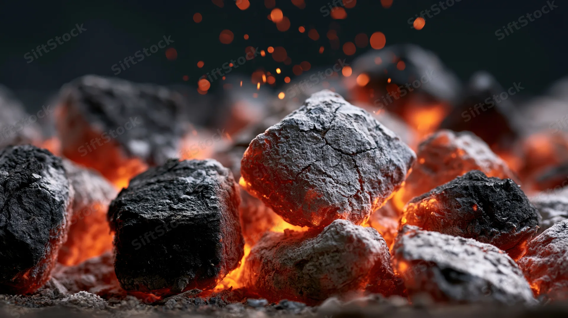 Glowing charcoal briquettes burning in a grill pit with sparks flying