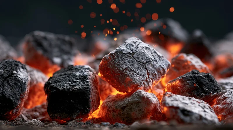 Glowing charcoal briquettes burning in a grill pit with sparks flying