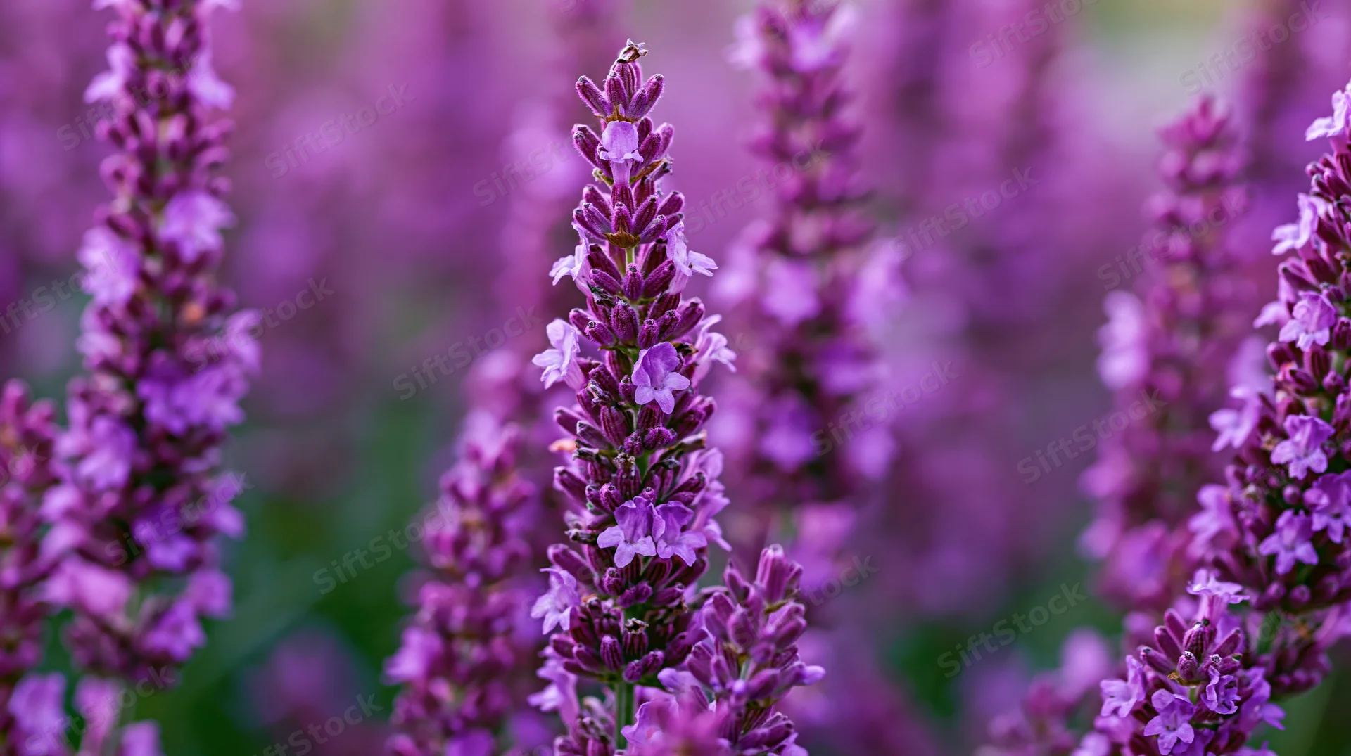 Close-up of lavender flower spikes in full bloom in a garden
