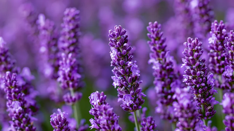 Close-up of lavender flower spikes in full bloom densely packed in a field