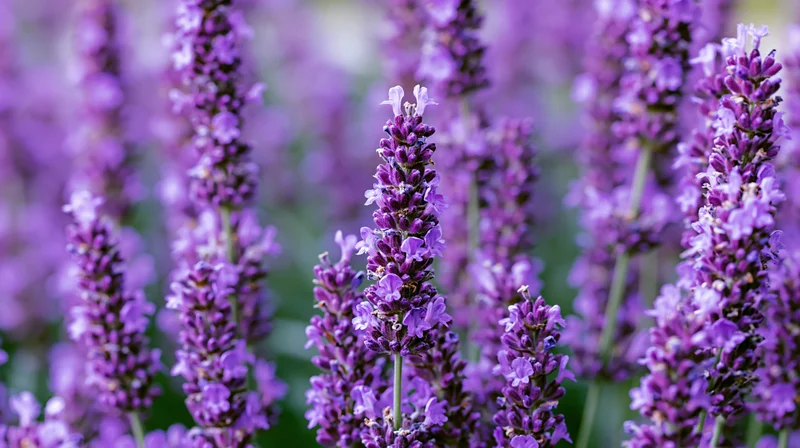 Close-up of lavender flower spikes in full bloom densely packed in a garden setting