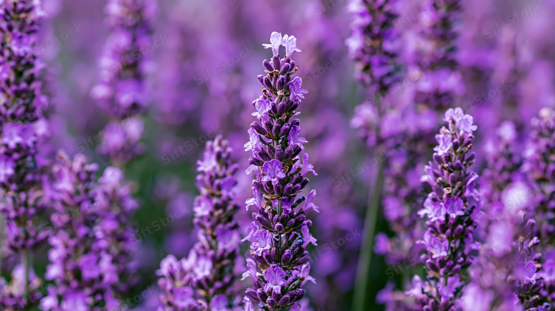 Close-up of lavender flower spikes in full bloom densely packed in a field