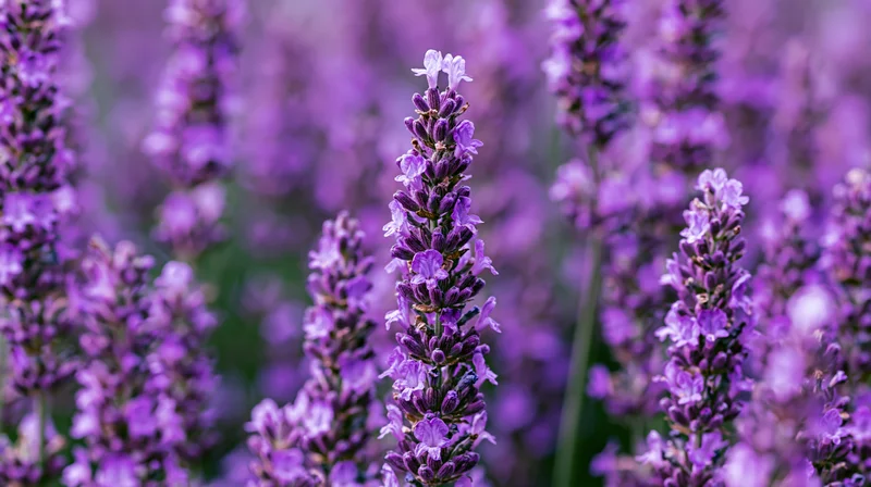 Close-up of lavender flower spikes in full bloom densely packed in a field