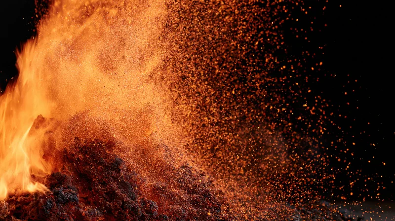 Close-up of flames bursting upward with glowing sparks against black background