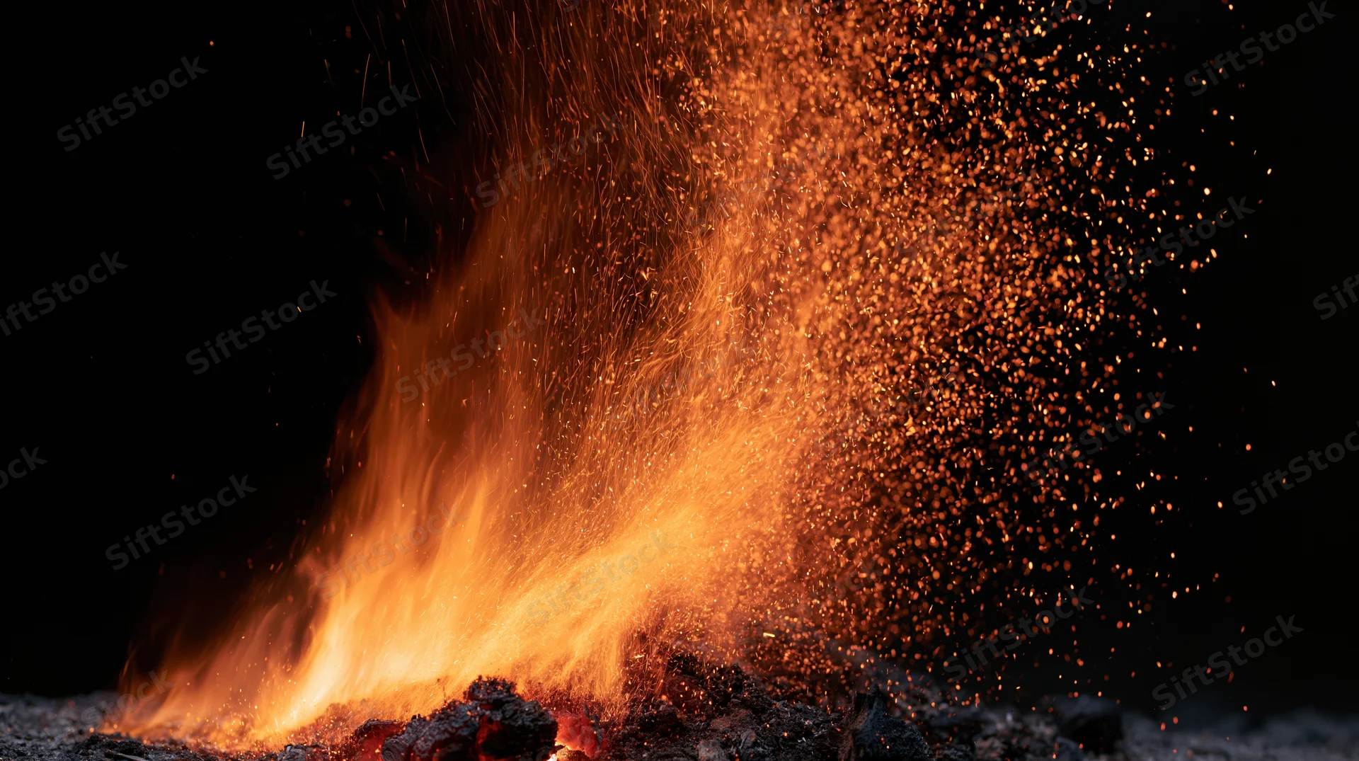 Flames bursting upward with sparks against dark background