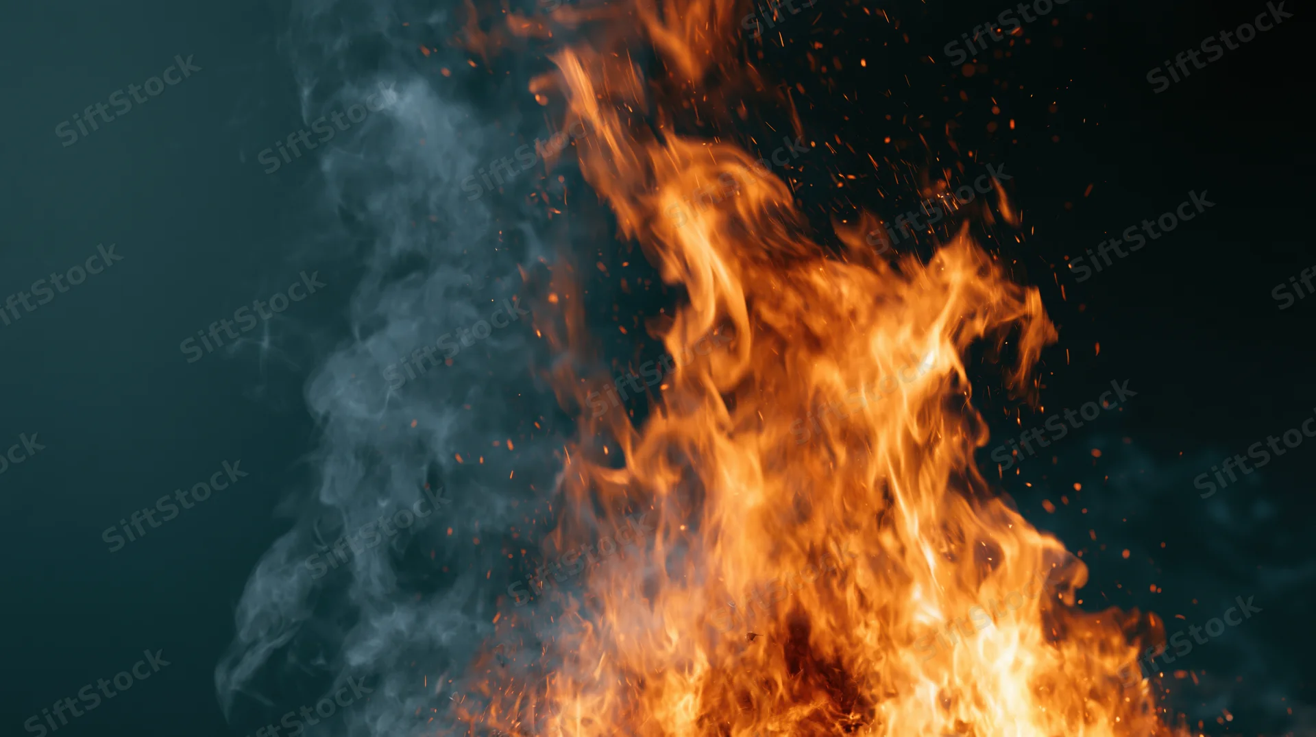 Close-up of rising flames and smoke against dark background