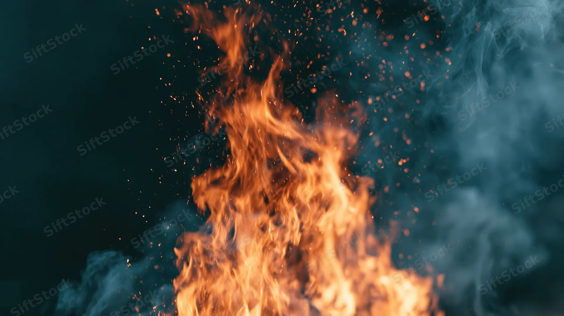 Close-up of rising flames with sparks and smoke against dark background