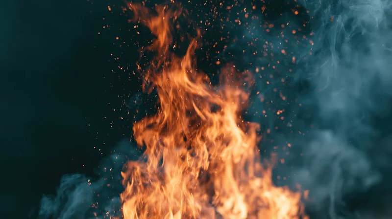 Close-up of rising flames with sparks and smoke against dark background