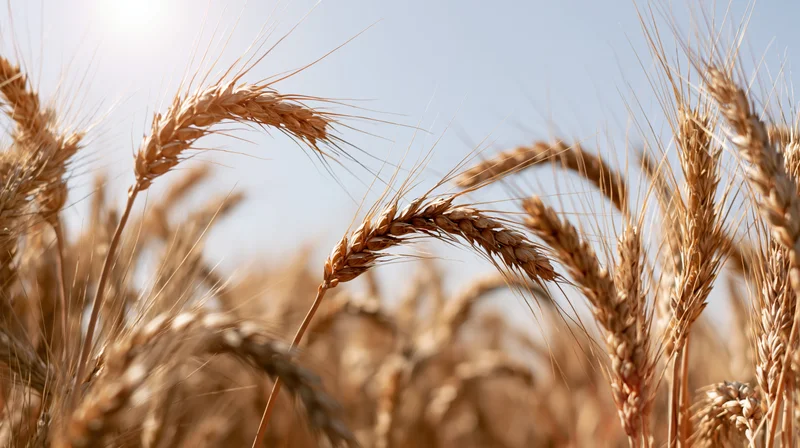 Close-up of ripe wheat stalks and seed heads in a field under sunlight