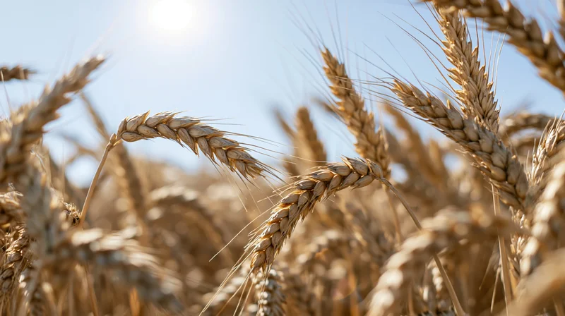 Close-up of ripe wheat stalks in a sunlit field