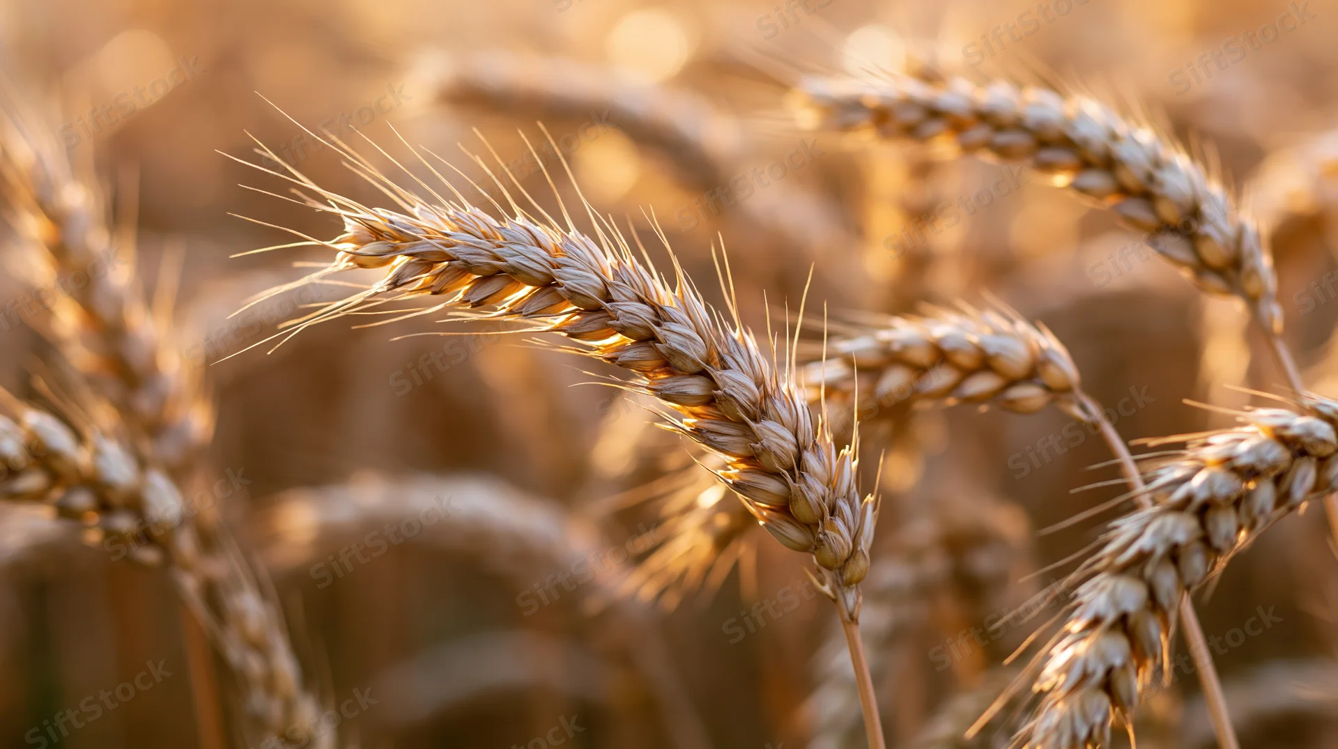 Close-up of ripe wheat stalks with seed heads in a summer field bathed in golden sunlight