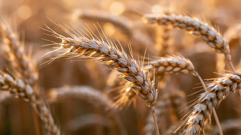 Close-up of ripe wheat stalks with seed heads in a summer field bathed in golden sunlight