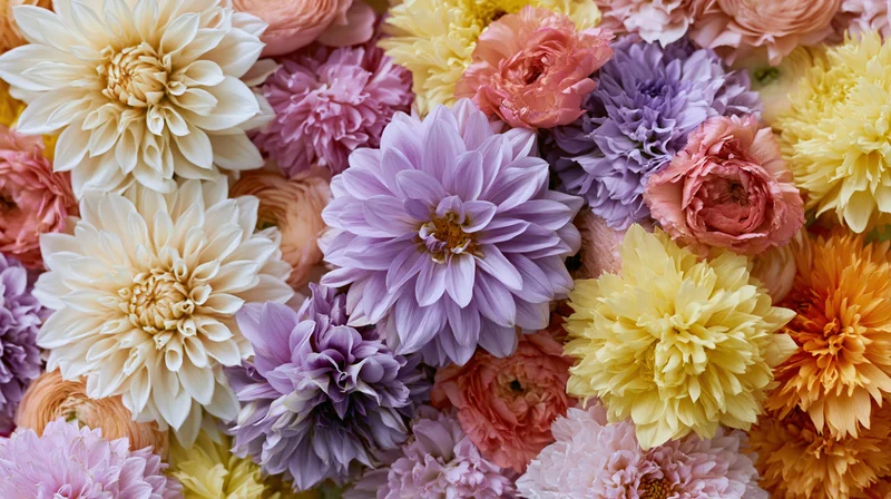 Overhead flat lay of densely packed mixed cut flowers in pastel and vibrant hues