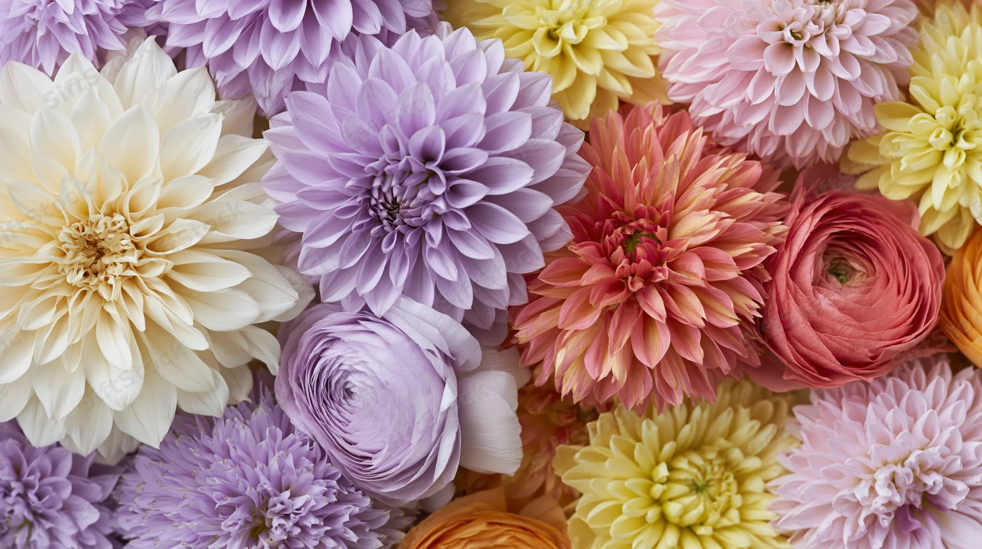 Close-up overhead flat lay of densely packed mixed cut flowers in pastel hues