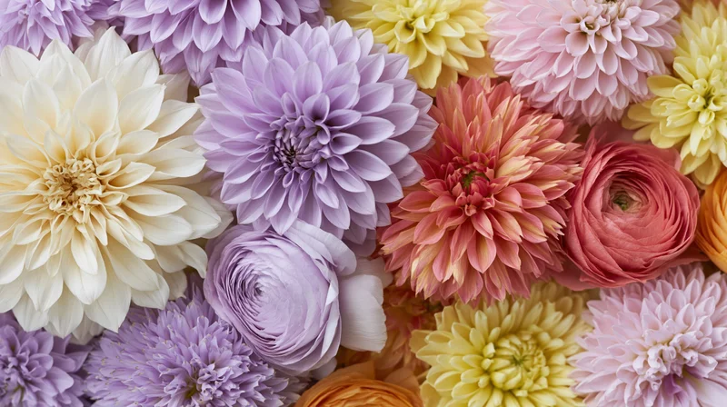 Close-up overhead flat lay of densely packed mixed cut flowers in pastel hues