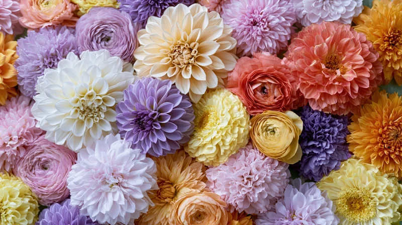 Dense overhead flat lay of mixed cut flowers in pastel and warm tones arranged closely together