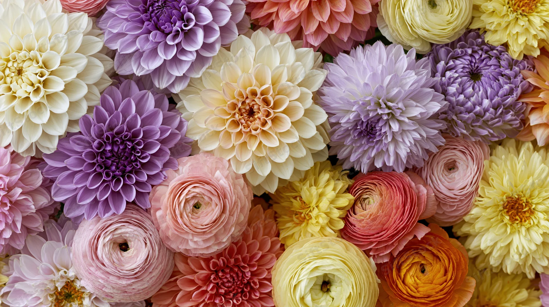 Densely packed mixed cut flowers in pastel hues arranged in overhead flat lay
