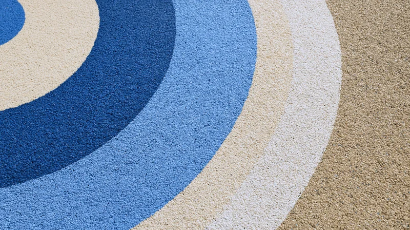 Close-up of circular patterned rubber playground surface with blue and beige concentric circles