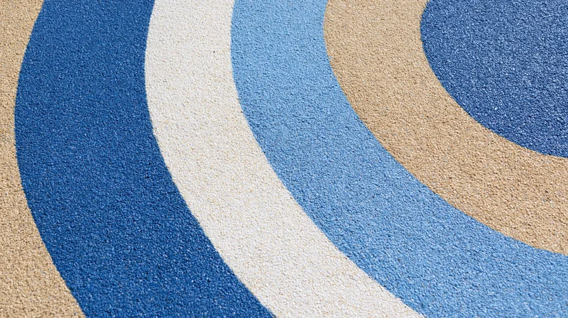 Close-up of blue beige and white circular patterned rubber playground surface