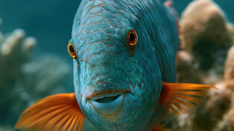 Close-up of a large tropical reef fish facing the camera underwater near coral formations