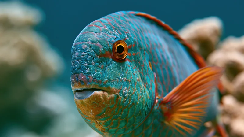 Close-up of a parrotfish facing forward among coral in underwater reef environment