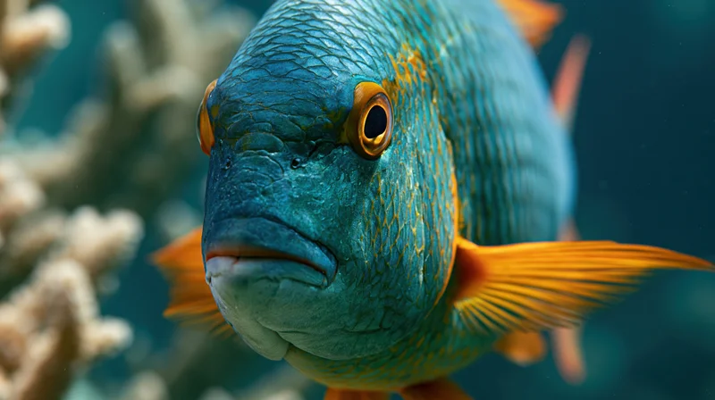 Large tropical reef fish facing camera underwater near coral