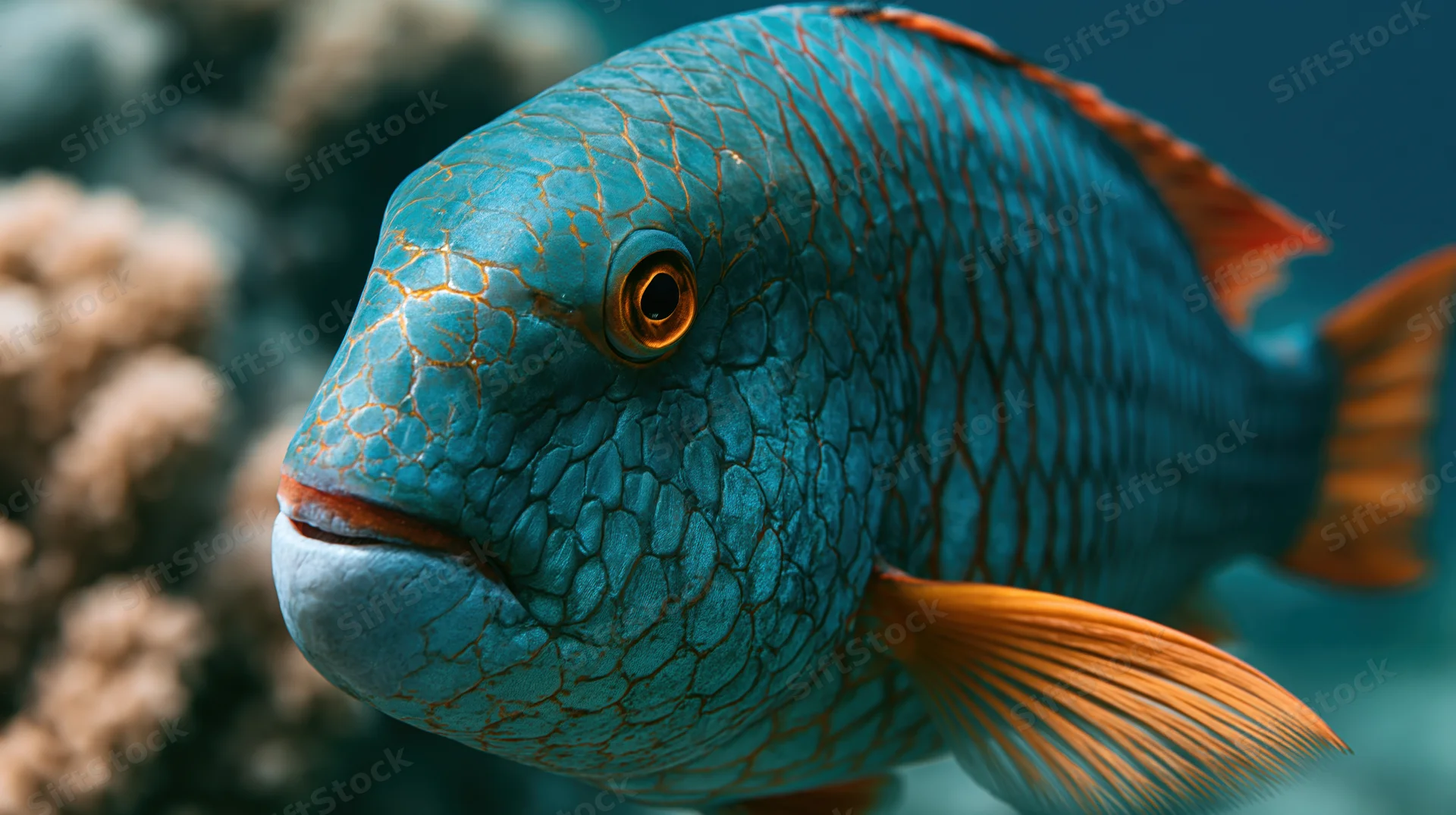 Close-up of a large tropical reef fish facing forward in underwater coral environment