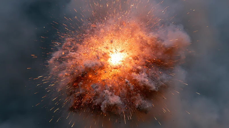 Midair explosion bursting with bright orange flames and flying sparks against dark smoke