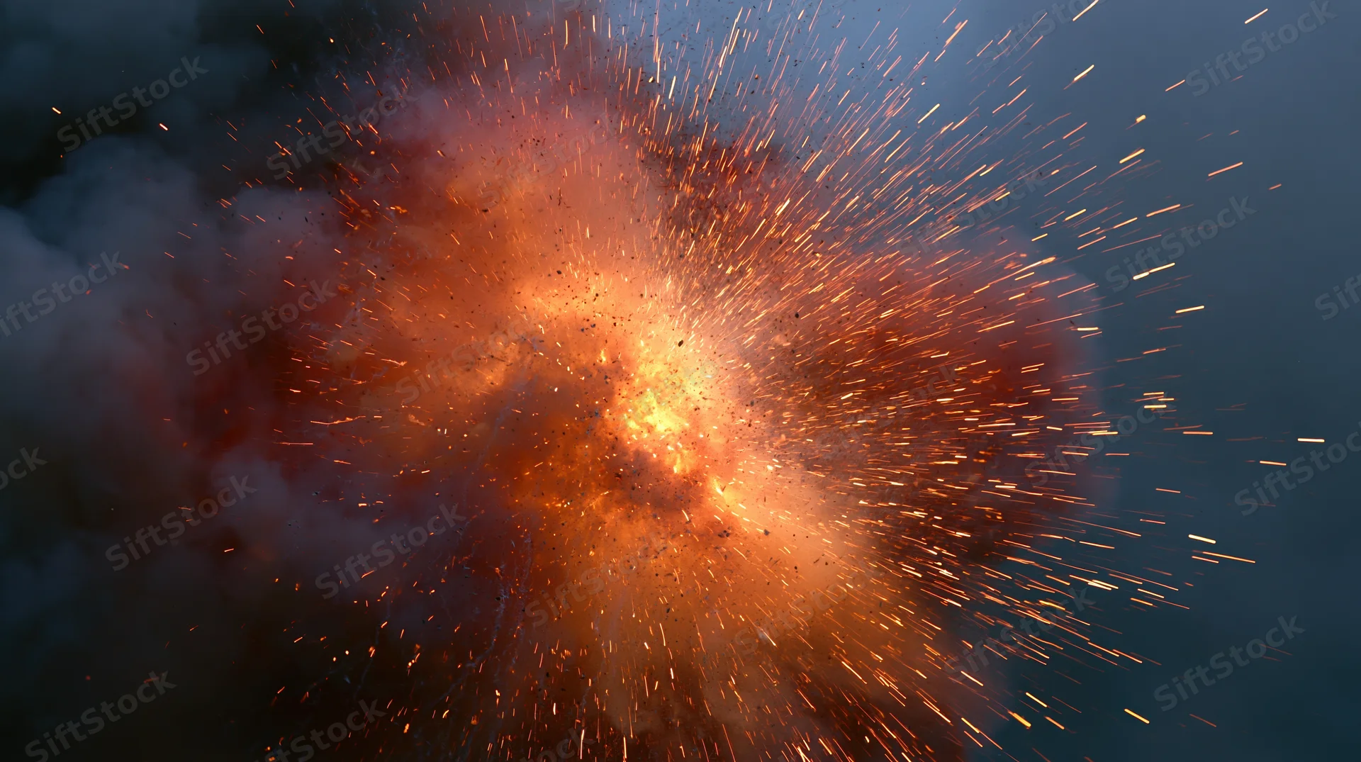 Mid-air explosion burst with glowing embers and sparks against dark sky