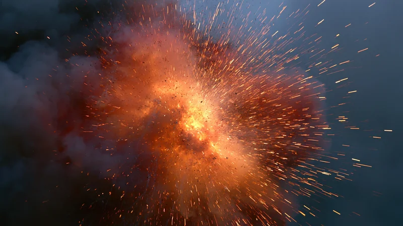 Mid-air explosion burst with glowing embers and sparks against dark sky