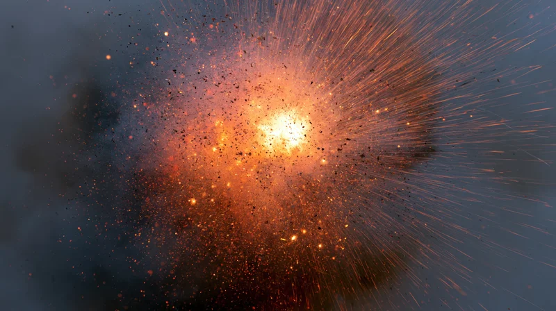 Mid-air explosion burst with glowing embers and flying sparks against dark background