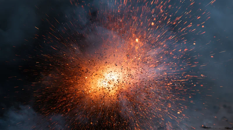 Mid-air explosion burst with glowing embers and flying sparks against dark background