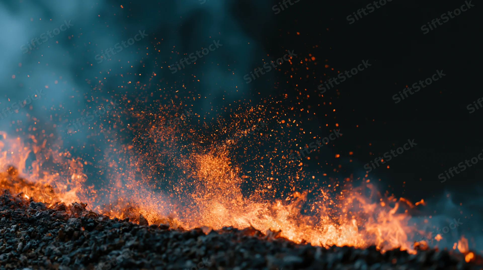 Flames rising from gravel ground at night with sparks and smoke