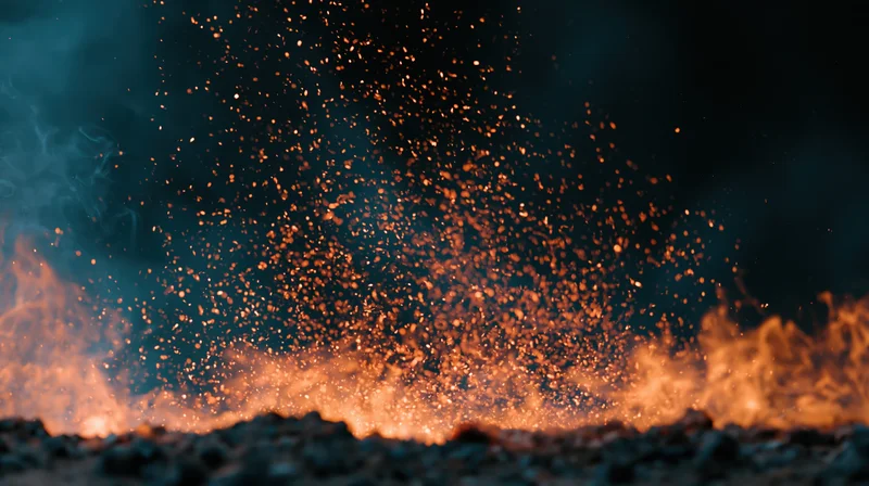Flames rising from burning material at night with sparks and smoke