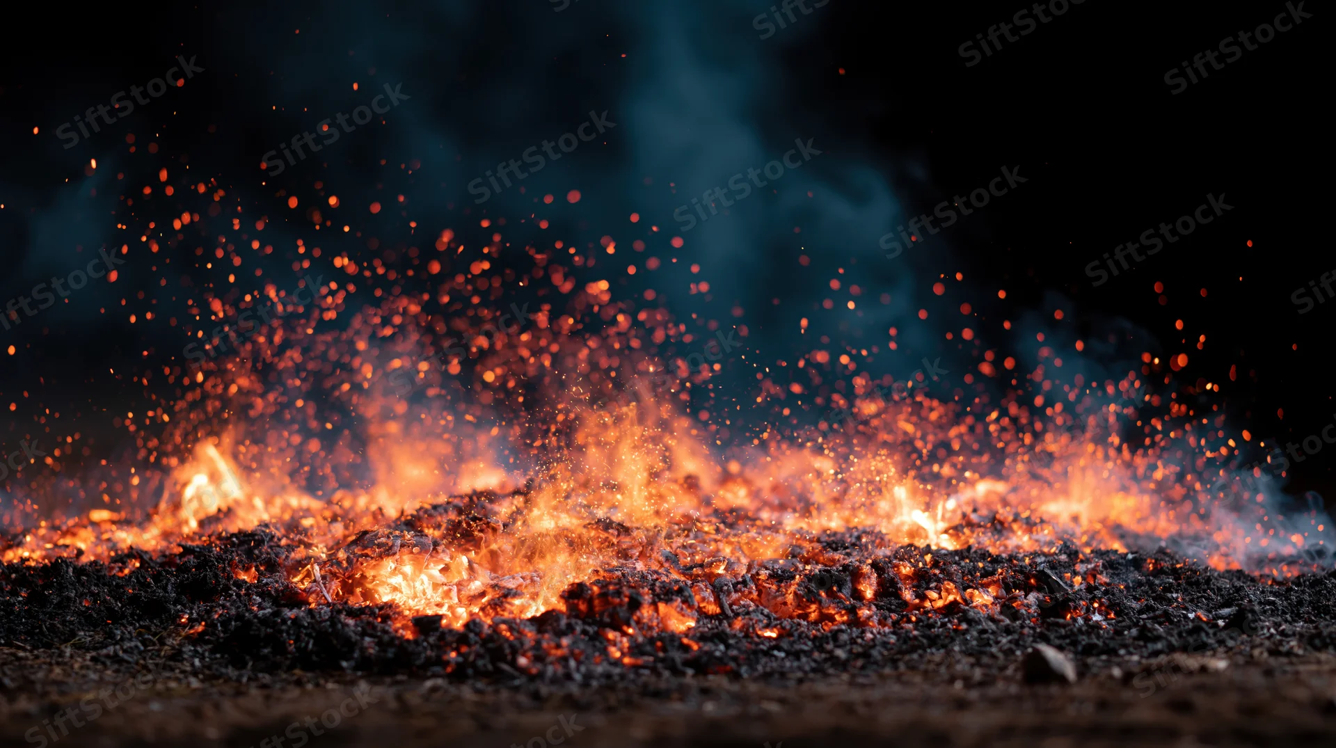 Flames rising from burning ground at night