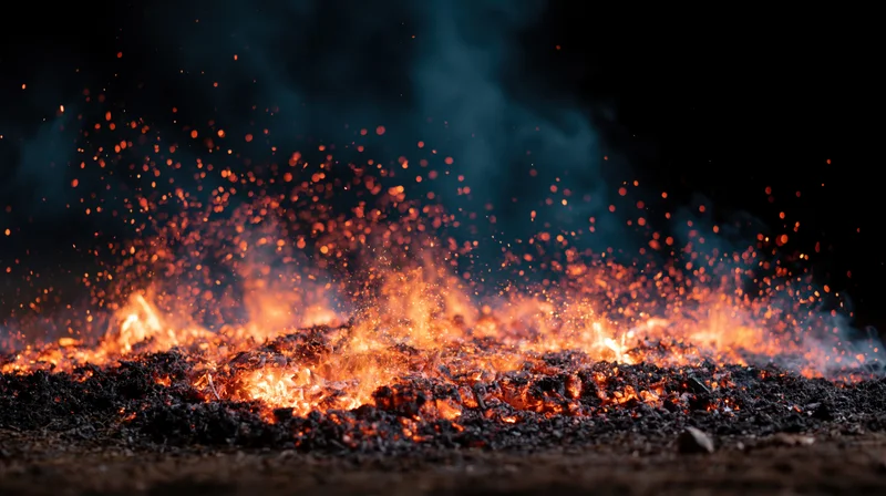 Flames rising from burning ground at night