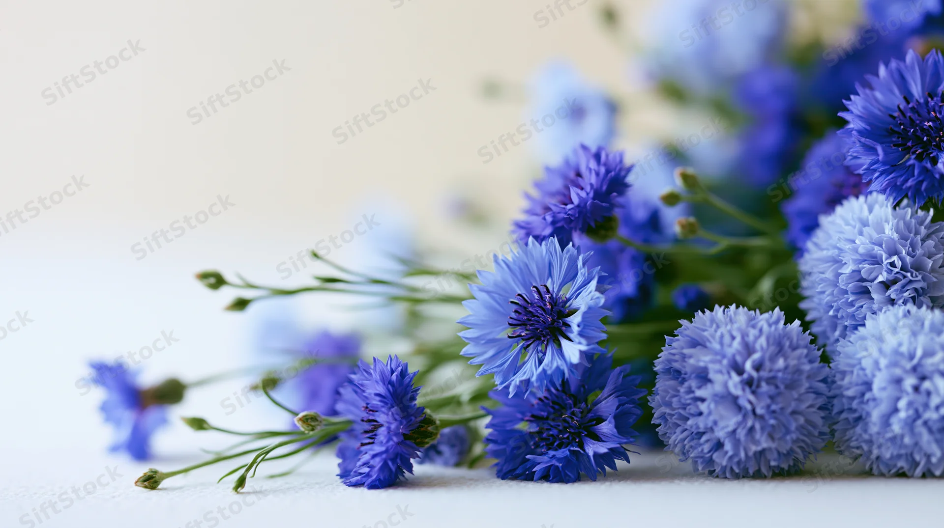 Cluster of blue cornflowers and round peony-like blooms arranged on a white surface with soft focus background