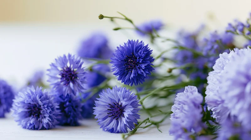 Blue cornflowers and light purple peony-like blooms arranged on a white surface with soft focus background