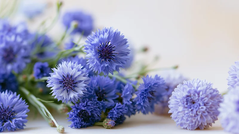 Cluster of blue cornflowers and round peony-like blooms arranged on a light surface with soft focus background