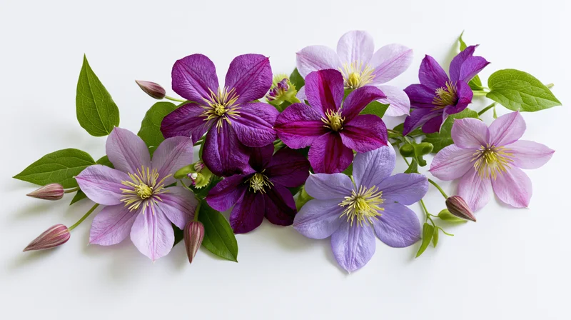 Cluster of clematis flowers arranged in horizontal spray on white background